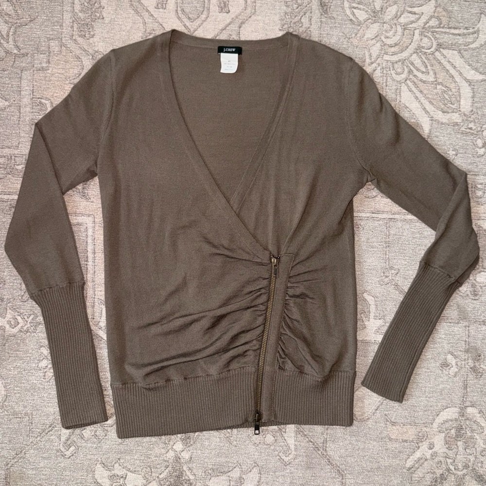 100% Wool J. Crew Taupe Brown V-Neck Wrap Sweater with Zipper XS
